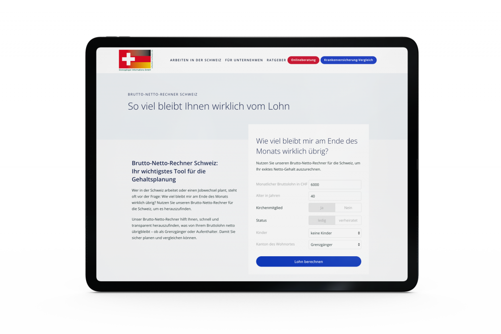 Screenshot des Brutto-Netto-Rechners Schweiz auf einem Tablet zur schnellen Berechnung des verbleibenden Nettolohns.