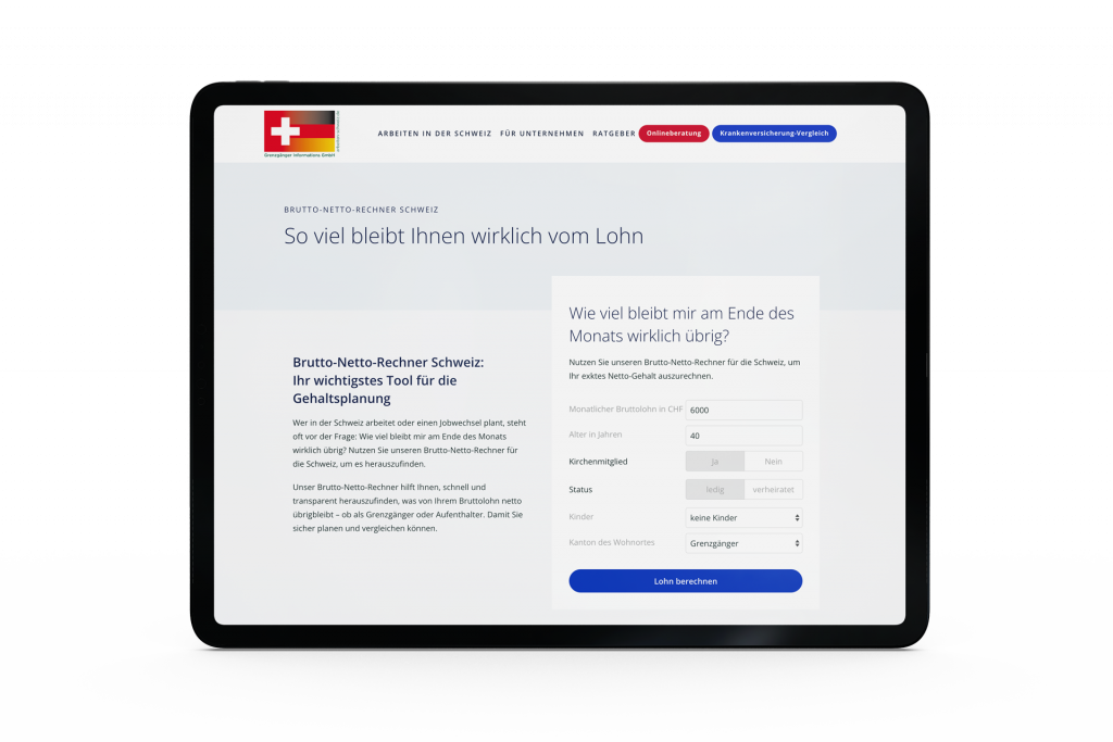 Screenshot des Brutto-Netto-Rechners Schweiz auf einem Tablet zur schnellen Berechnung des verbleibenden Nettolohns.
