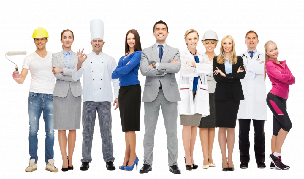 Gruppe von Menschen in verschiedenen Berufsbekleidungen – von Handwerk bis Medizin – steht nebeneinander und blickt freundlich in die Kamera. Symbolbild für vielfältige Zielgruppen der Grenzgängerberatung Schweiz.